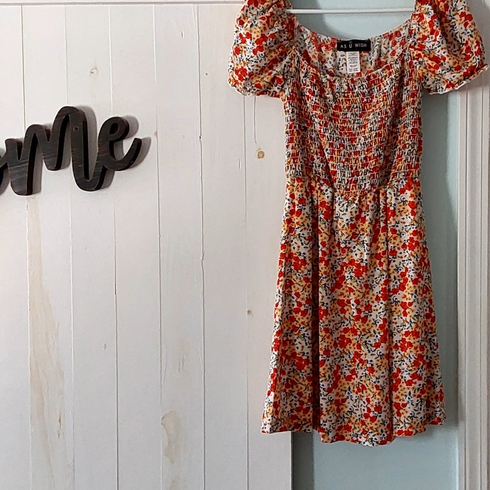 As U Wish Orange Red Smocked Puff Sleeve Sundress